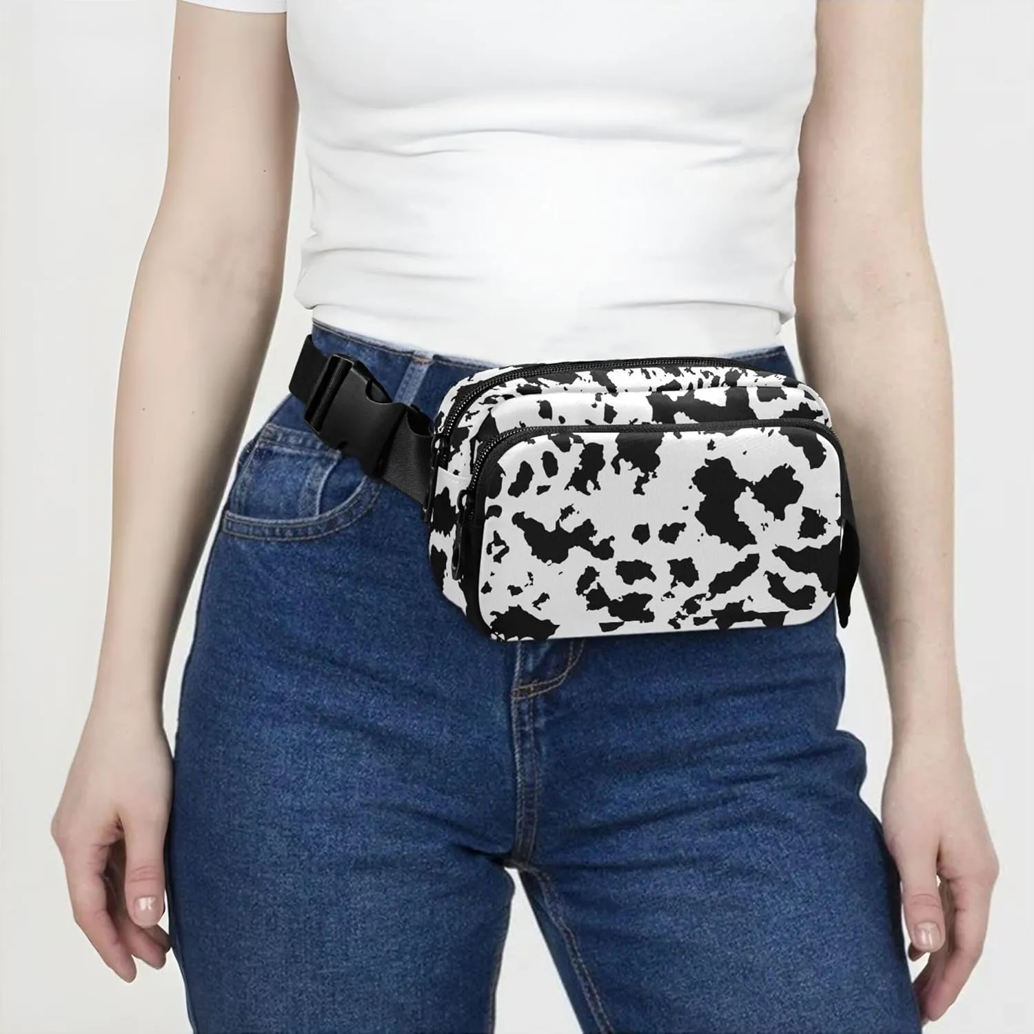 Black and White Cow Fanny Pack for Women Waterproof Belt Bag Hip Pack Hiking Waist Pack for Women