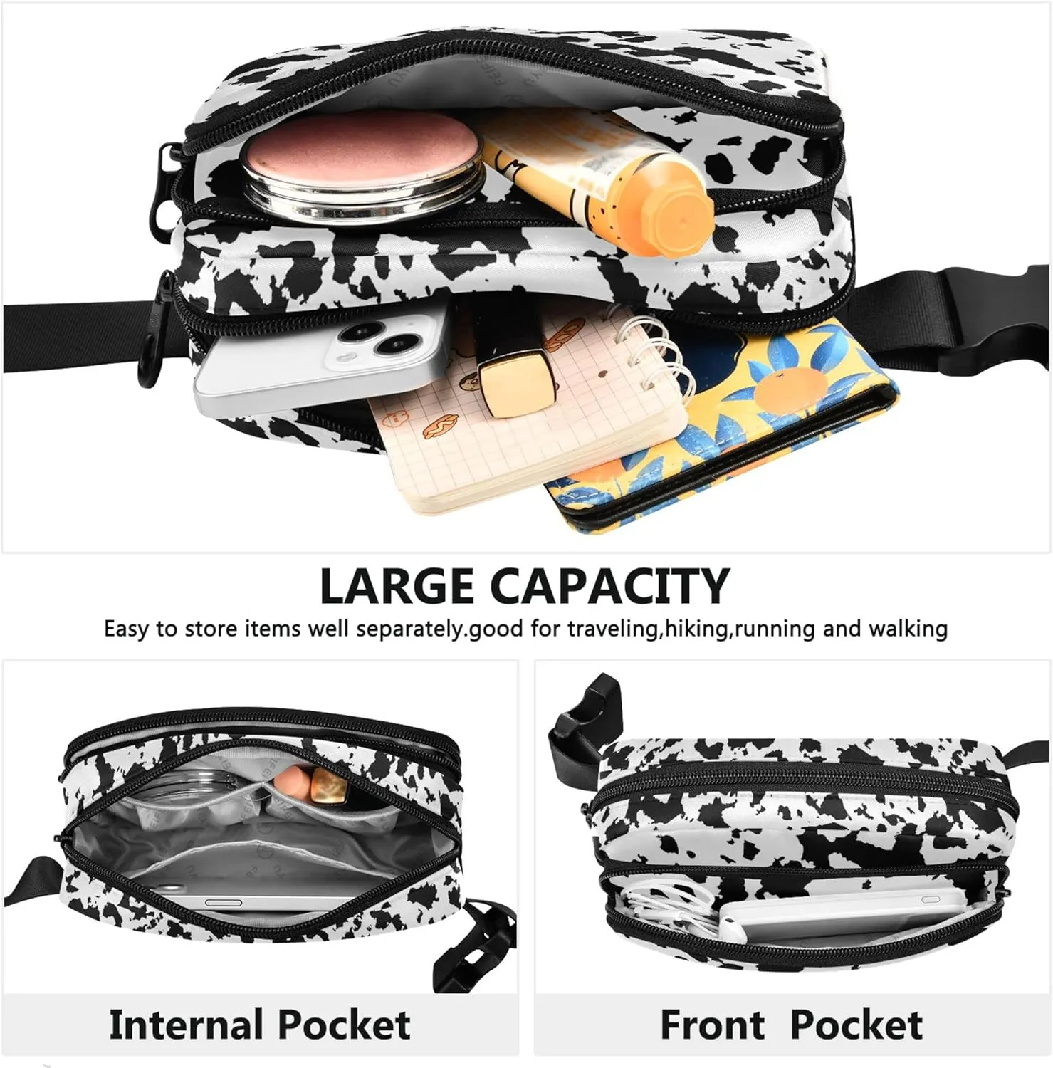 Black and White Cow Fanny Pack for Women Waterproof Belt Bag Hip Pack Hiking Waist Pack for Women