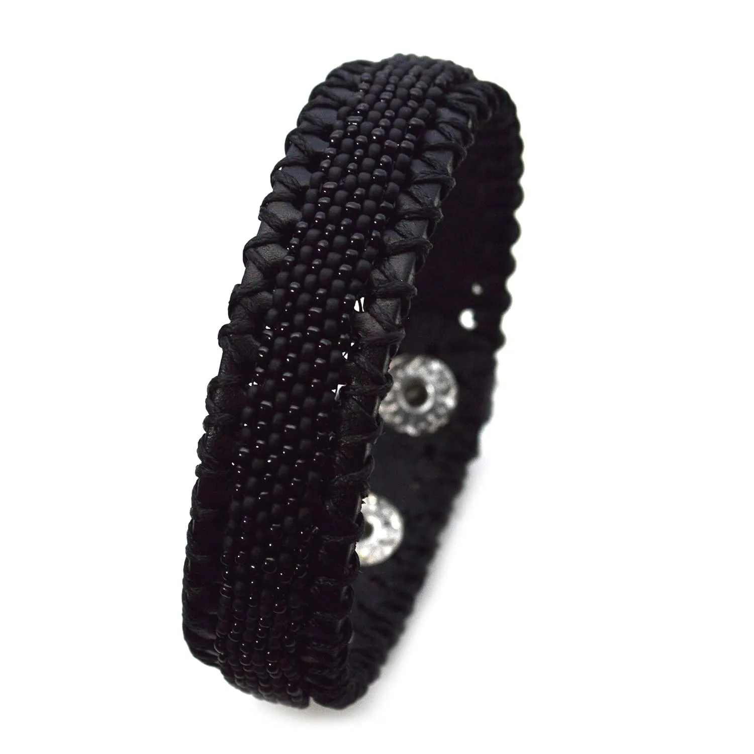 Black on Black Unisex Cuff Bracelet Adjustable Snap on Mens Jewelry Gift for Him from Her Stacking Hipster Beaded Matte Man, Faux Leather Bracelet - Hand Woven Cuff Bracelet for Women