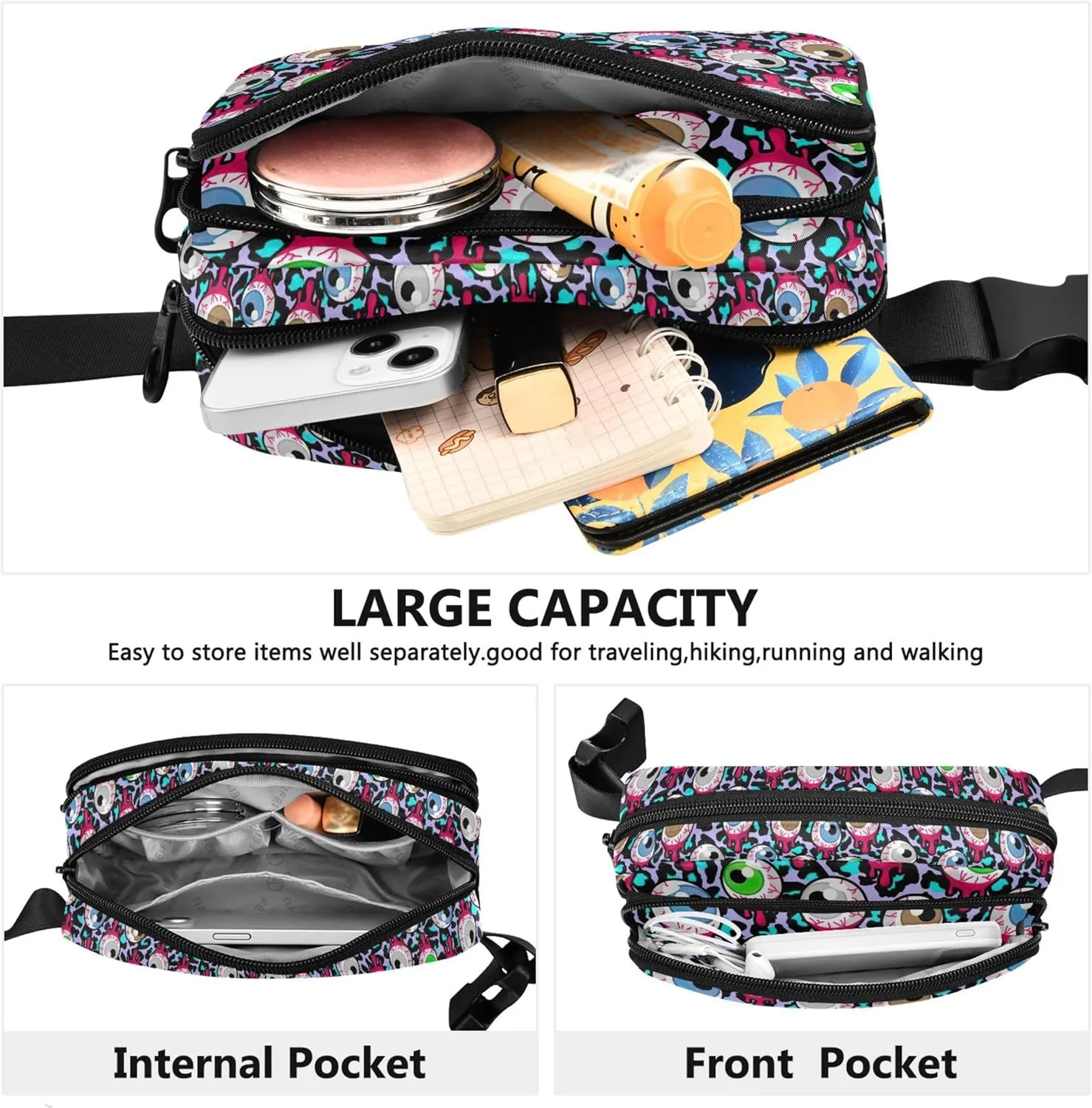 Bloody Zombie Alien Eyeballs Waterproof Fanny Packs Women Hip Pack Belt Pouch Bright Color Crossbody Waist Pack