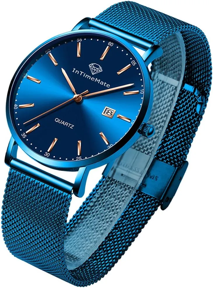 Blue Men Watch,Stainless Steel Watch for Men,Mens Watch with Date,Male Watches Classic,Silver Watches for Men,Gift Watches for Him Waterproof,Luminous Watches for Men,Dress Mens Watch