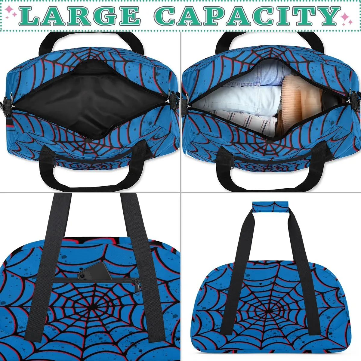 Blue Spider Web Kids Overnighter Duffel Bags for Boys Girls, Carry-On Size Sports Gym Bag for School Practice or Overnight Travel Weekender Sleepover Tote Bag