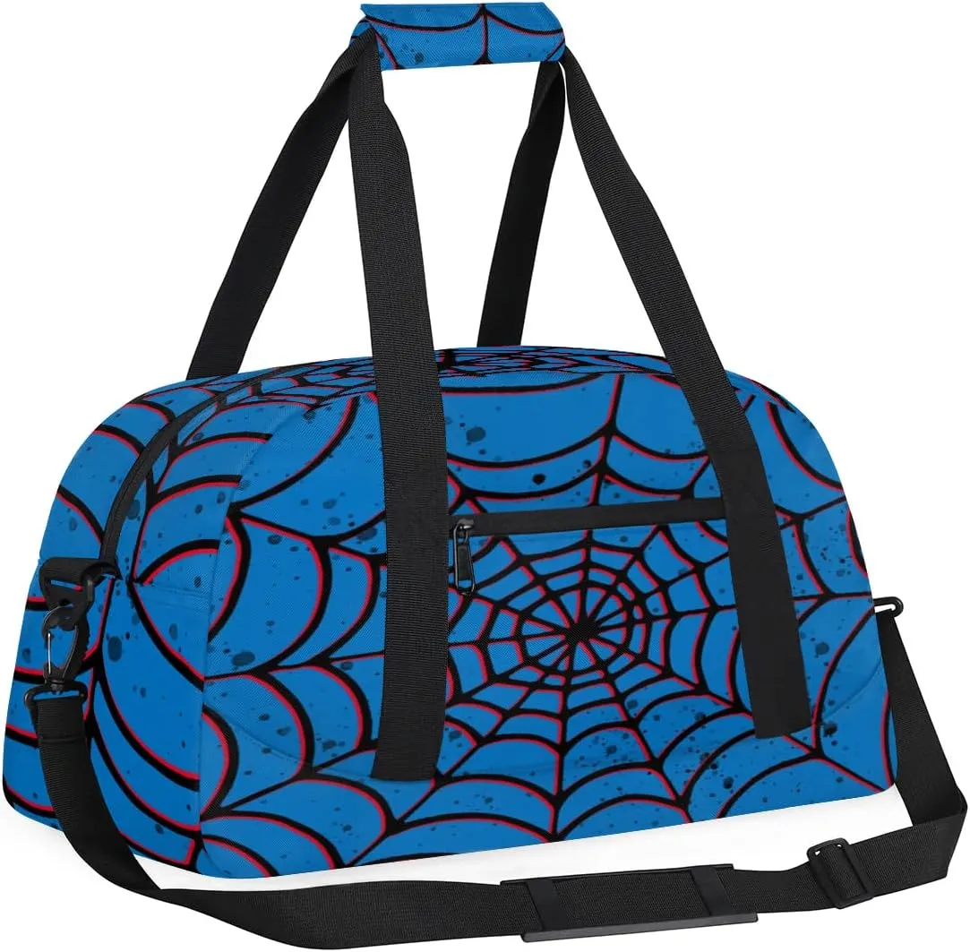 Blue Spider Web Kids Overnighter Duffel Bags for Boys Girls, Carry-On Size Sports Gym Bag for School Practice or Overnight Travel Weekender Sleepover Tote Bag