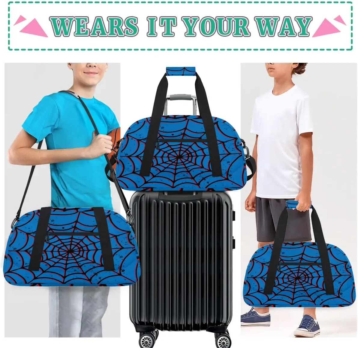 Blue Spider Web Kids Overnighter Duffel Bags for Boys Girls, Carry-On Size Sports Gym Bag for School Practice or Overnight Travel Weekender Sleepover Tote Bag