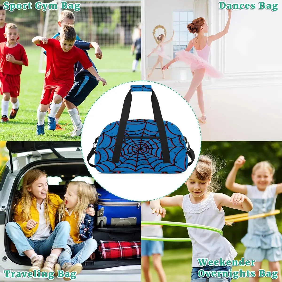 Blue Spider Web Kids Overnighter Duffel Bags for Boys Girls, Carry-On Size Sports Gym Bag for School Practice or Overnight Travel Weekender Sleepover Tote Bag