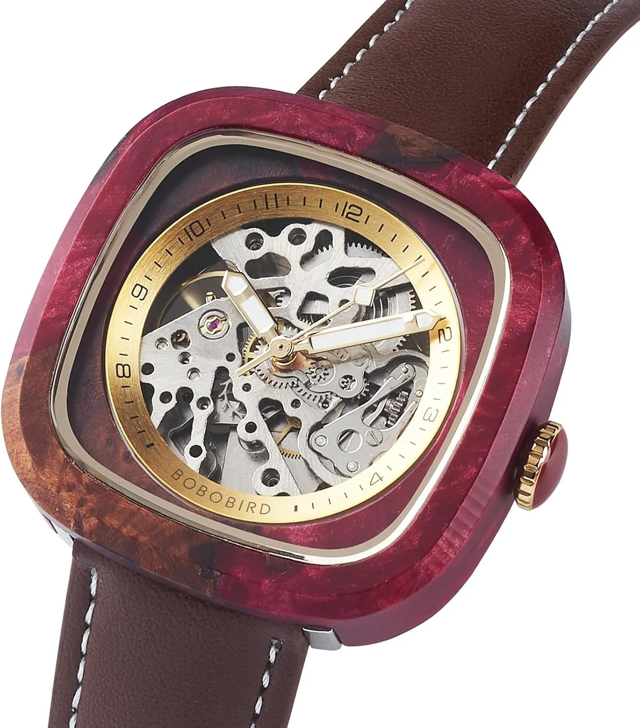 BOBO BIRD Mens Wooden Watches Square Skeleton Mechanical Watch, Automatic Self-Winding, Leather Strap, Multiple Colors
