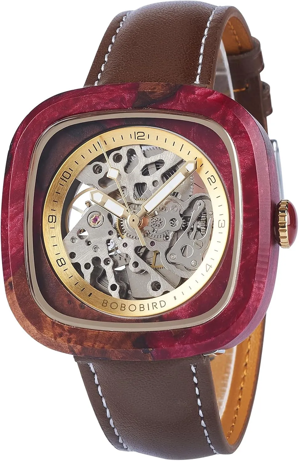 BOBO BIRD Mens Wooden Watches Square Skeleton Mechanical Watch, Automatic Self-Winding, Leather Strap, Multiple Colors