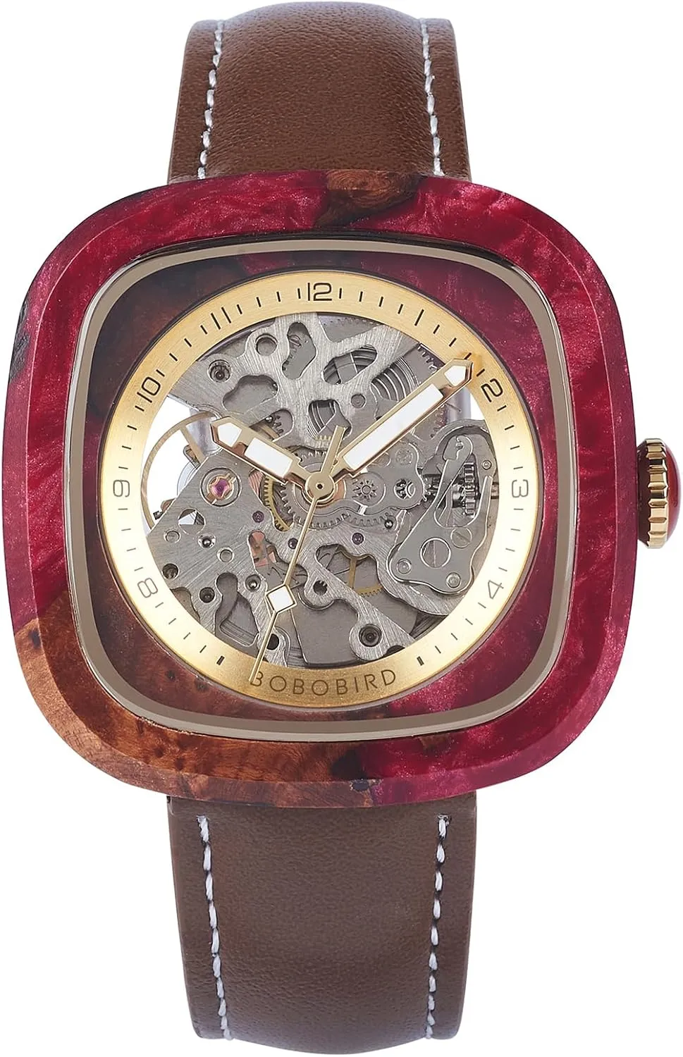 BOBO BIRD Mens Wooden Watches Square Skeleton Mechanical Watch, Automatic Self-Winding, Leather Strap, Multiple Colors