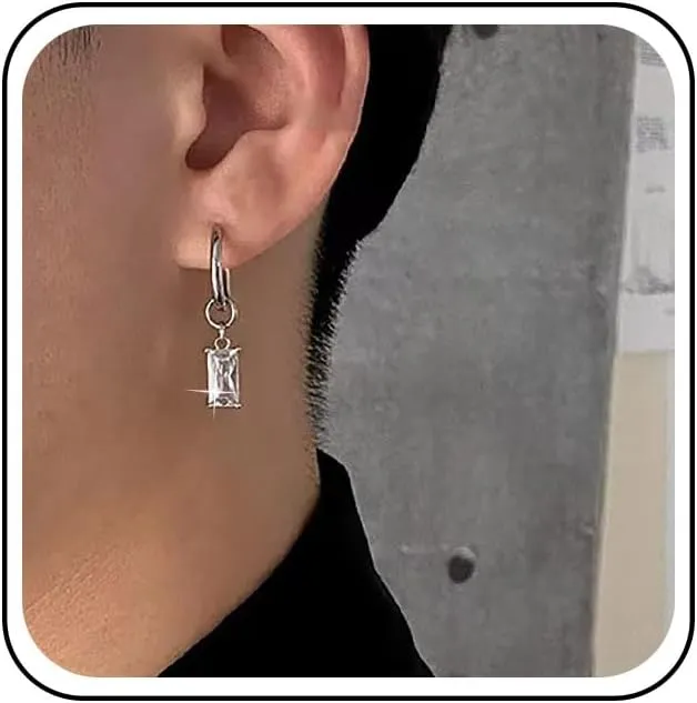 Bohemian Crystal Square Dangle Earrings White Rhinestone Square Drop Earrings Silver Circle Hoop Earrings Minimalist Cz Hoop Earrings Jewelry for Women