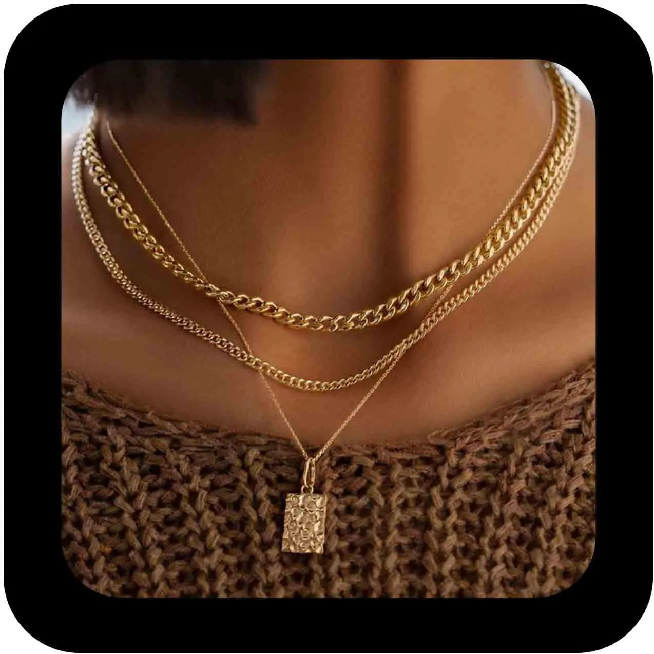 Bohemian Square Layered Pendant Necklace Gold Textured Collar Necklace Tiny Square Choker Necklace Vintage Layered Chain Necklace Jewelry for Women