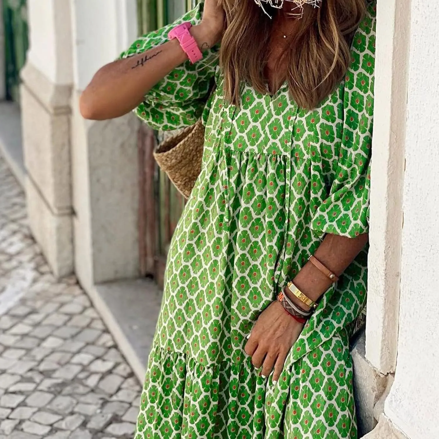 Boho Dresses for Women Summer Puff Half Sleeve V Neck Beach Vacation Dresses Casual Flowy Tiered Sundress Maxi Dress