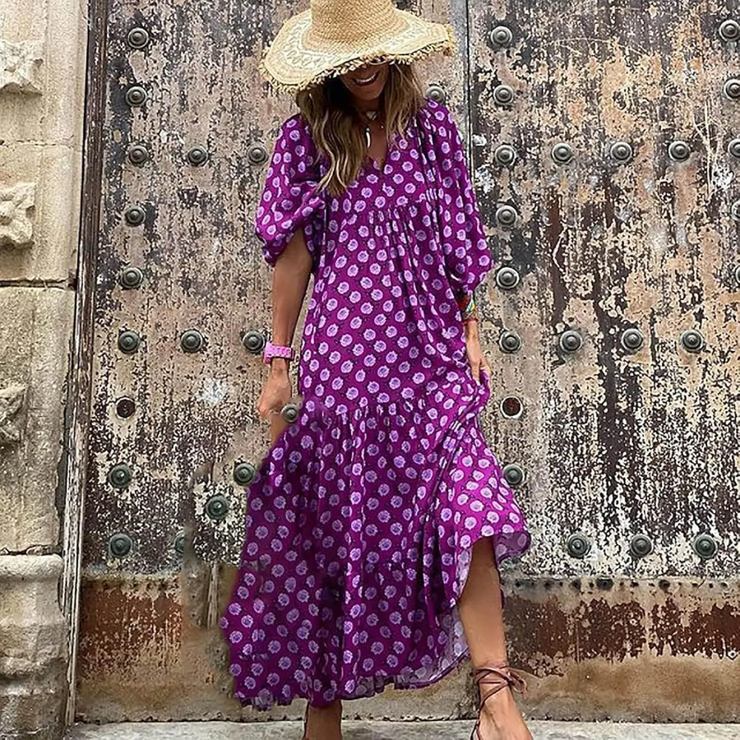 Boho Dresses for Women Summer Puff Half Sleeve V Neck Beach Vacation Dresses Casual Flowy Tiered Sundress Maxi Dress