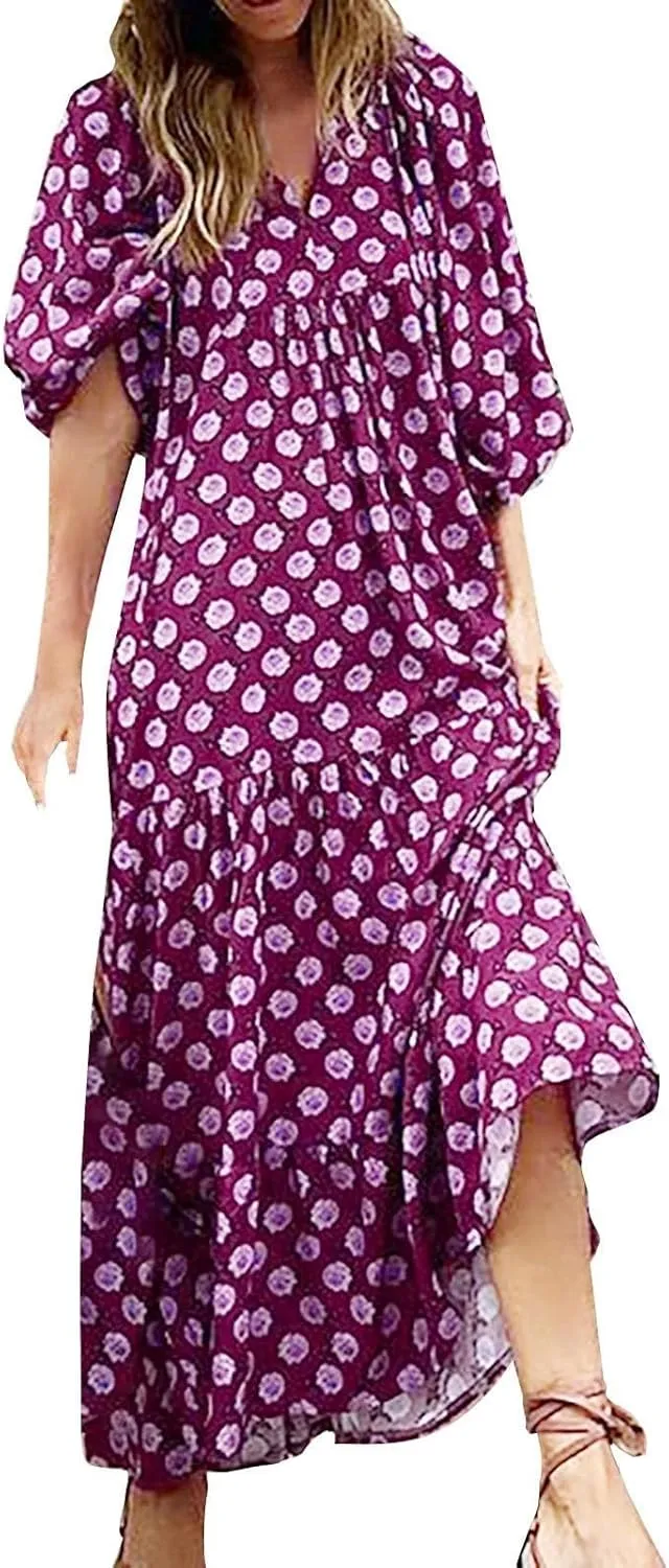 Boho Dresses for Women Summer Puff Half Sleeve V Neck Beach Vacation Dresses Casual Flowy Tiered Sundress Maxi Dress