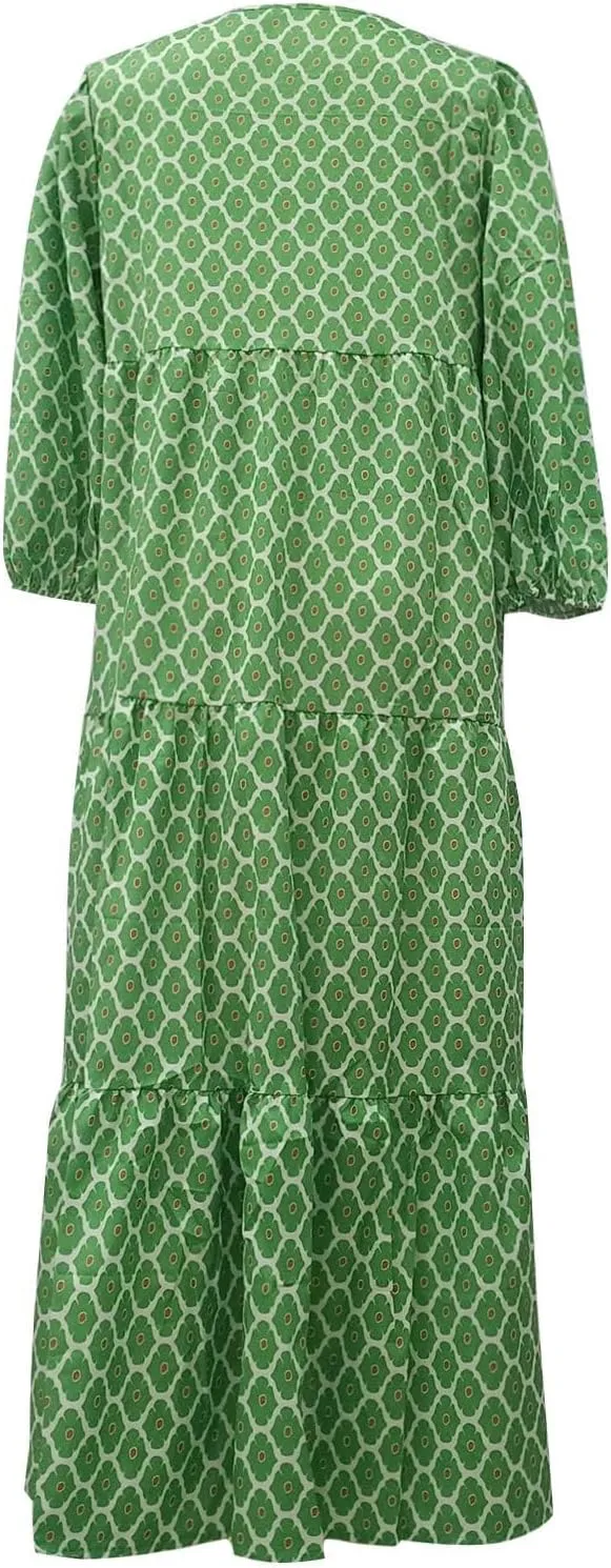 Boho Dresses for Women Summer Puff Half Sleeve V Neck Beach Vacation Dresses Casual Flowy Tiered Sundress Maxi Dress