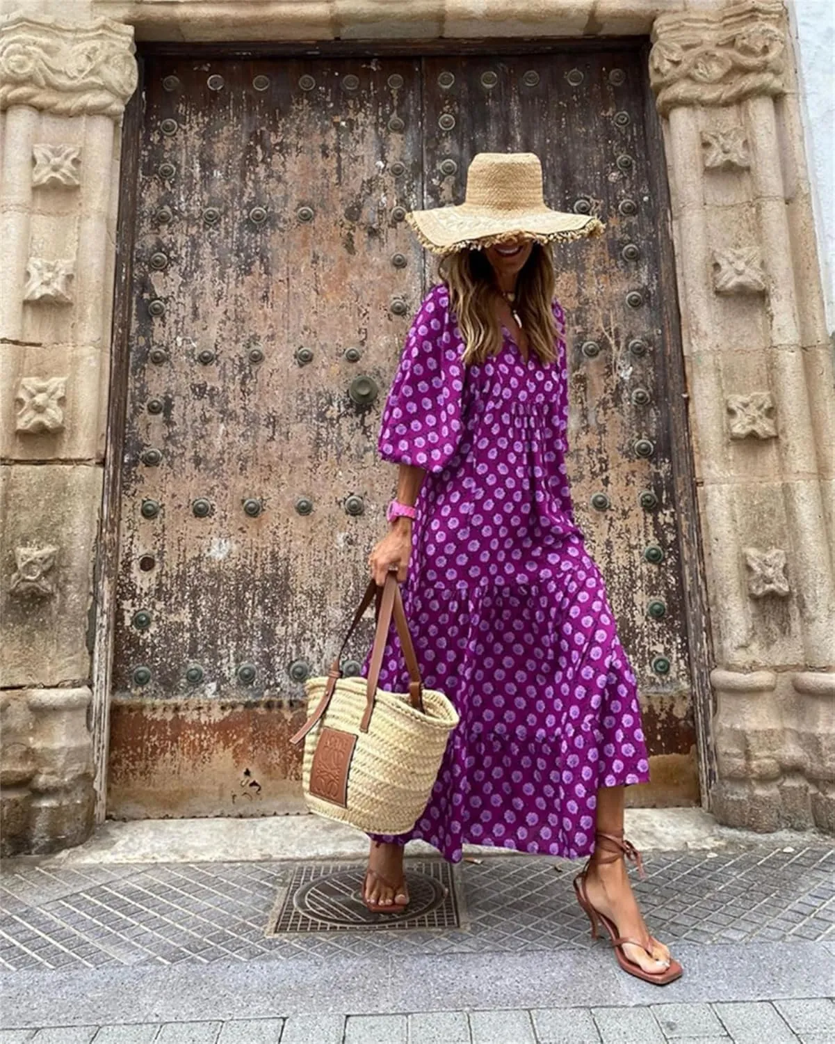 Boho Dresses for Women Summer Puff Half Sleeve V Neck Beach Vacation Dresses Casual Flowy Tiered Sundress Maxi Dress