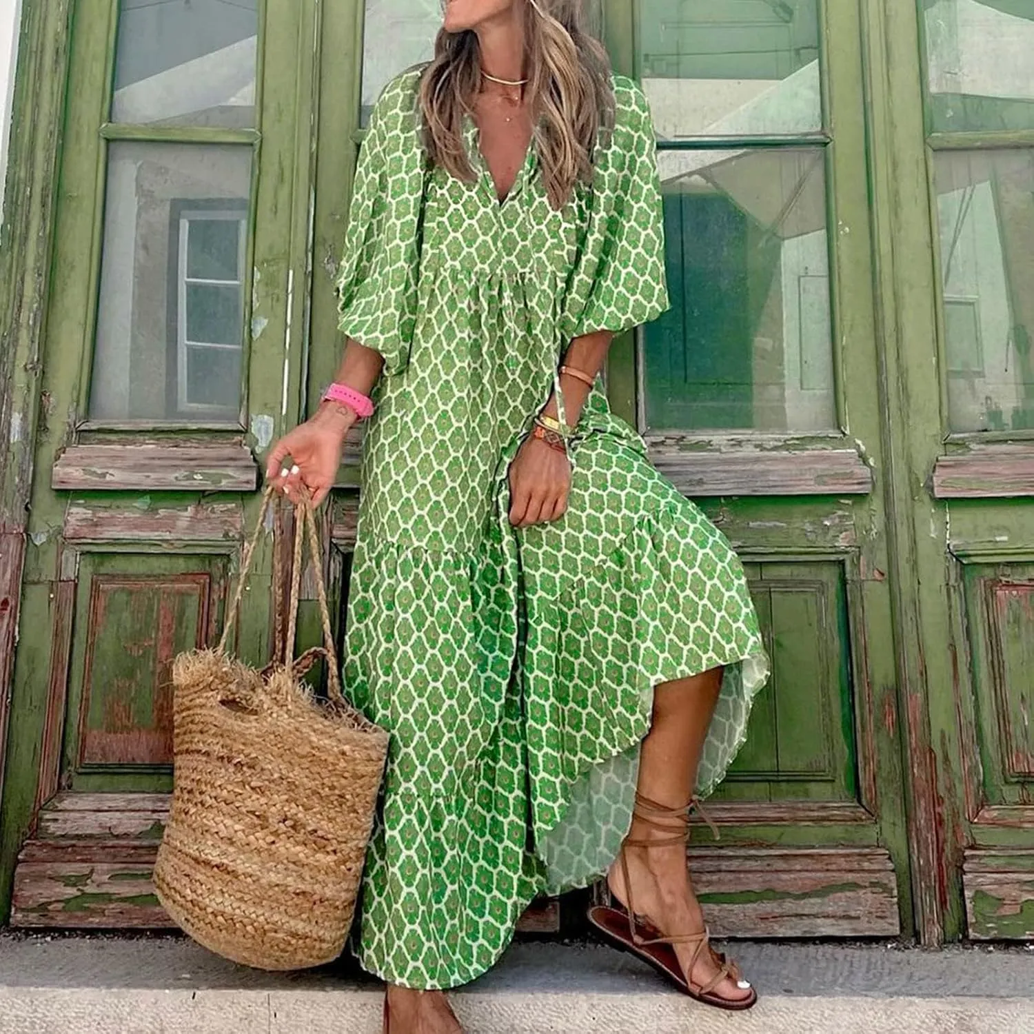 Boho Dresses for Women Summer Puff Half Sleeve V Neck Beach Vacation Dresses Casual Flowy Tiered Sundress Maxi Dress
