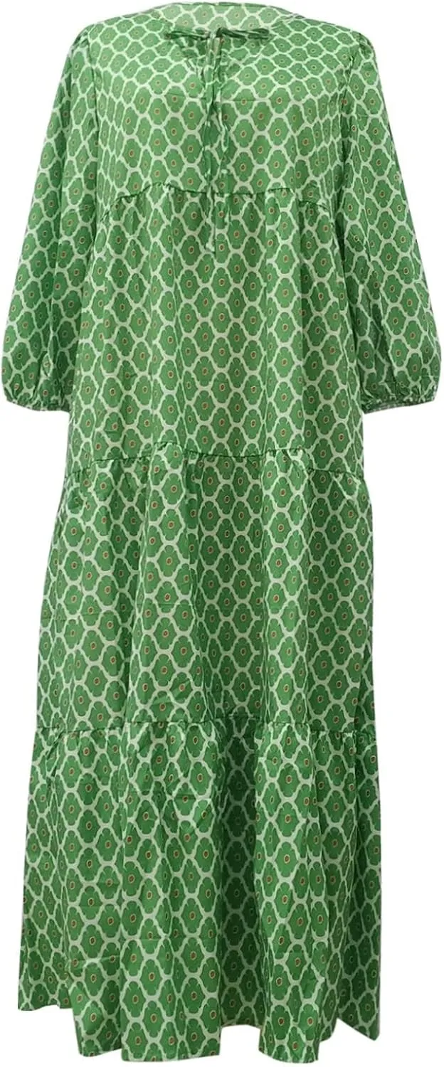 Boho Dresses for Women Summer Puff Half Sleeve V Neck Beach Vacation Dresses Casual Flowy Tiered Sundress Maxi Dress