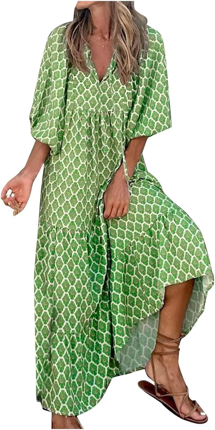 Boho Dresses for Women Summer Puff Half Sleeve V Neck Beach Vacation Dresses Casual Flowy Tiered Sundress Maxi Dress