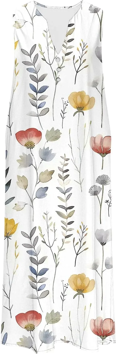 Boho Dresses for Women's 2025 Sundress Plus Loose V Neck Sleeveless Dress Trendy Summer Floral Print Swimsuit Coverups