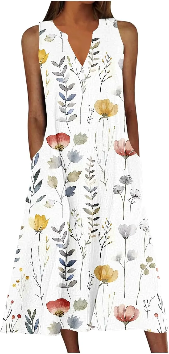 Boho Dresses for Women's 2025 Sundress Plus Loose V Neck Sleeveless Dress Trendy Summer Floral Print Swimsuit Coverups
