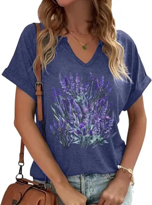 Boho Floral Shirts for Women V Neck Flower Shirt Flowers Graphic Tees Vintage T Shirts Casual Short Sleeve Tops