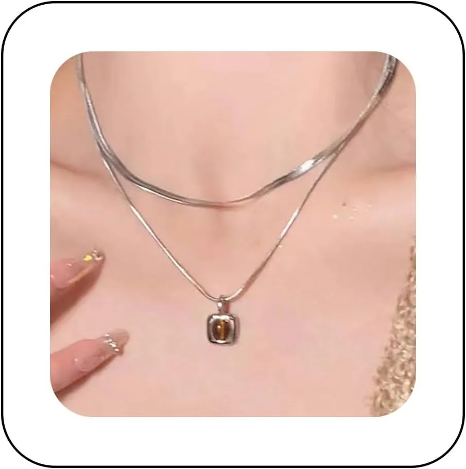 Boho Layered Opal Square Pendant Necklace Silver Amber Square Choker Necklace Vintage Geometric Square Necklace Adjustable Gemstone Snake Chain Necklace Jewelry for Women