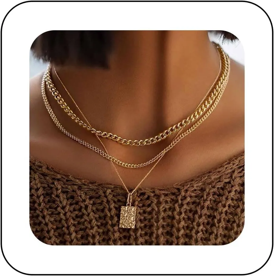 Boho Layered Square Pendant Necklace Gold Geometric Square Necklace Vintage Hammered Square Choker Necklace Multilayered Square Chain Necklace Jewelry for Women