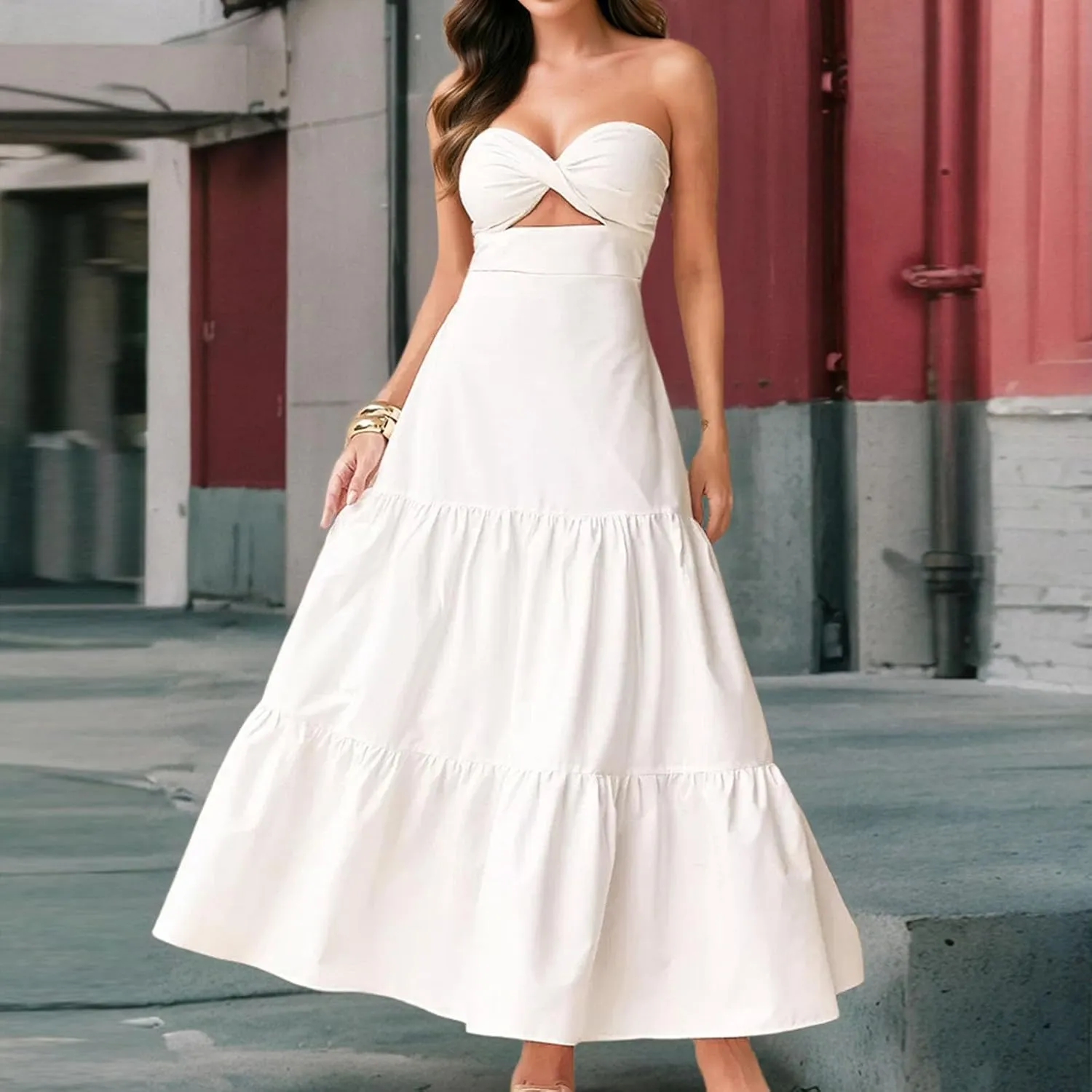 Borniu Women's Summer Strapless Maxi Dress 2025 Off Shoulder Hollow Out Smocked A Line Tube Backless Tiered Long Dresses