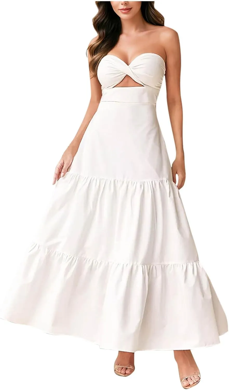 Borniu Women's Summer Strapless Maxi Dress 2025 Off Shoulder Hollow Out Smocked A Line Tube Backless Tiered Long Dresses