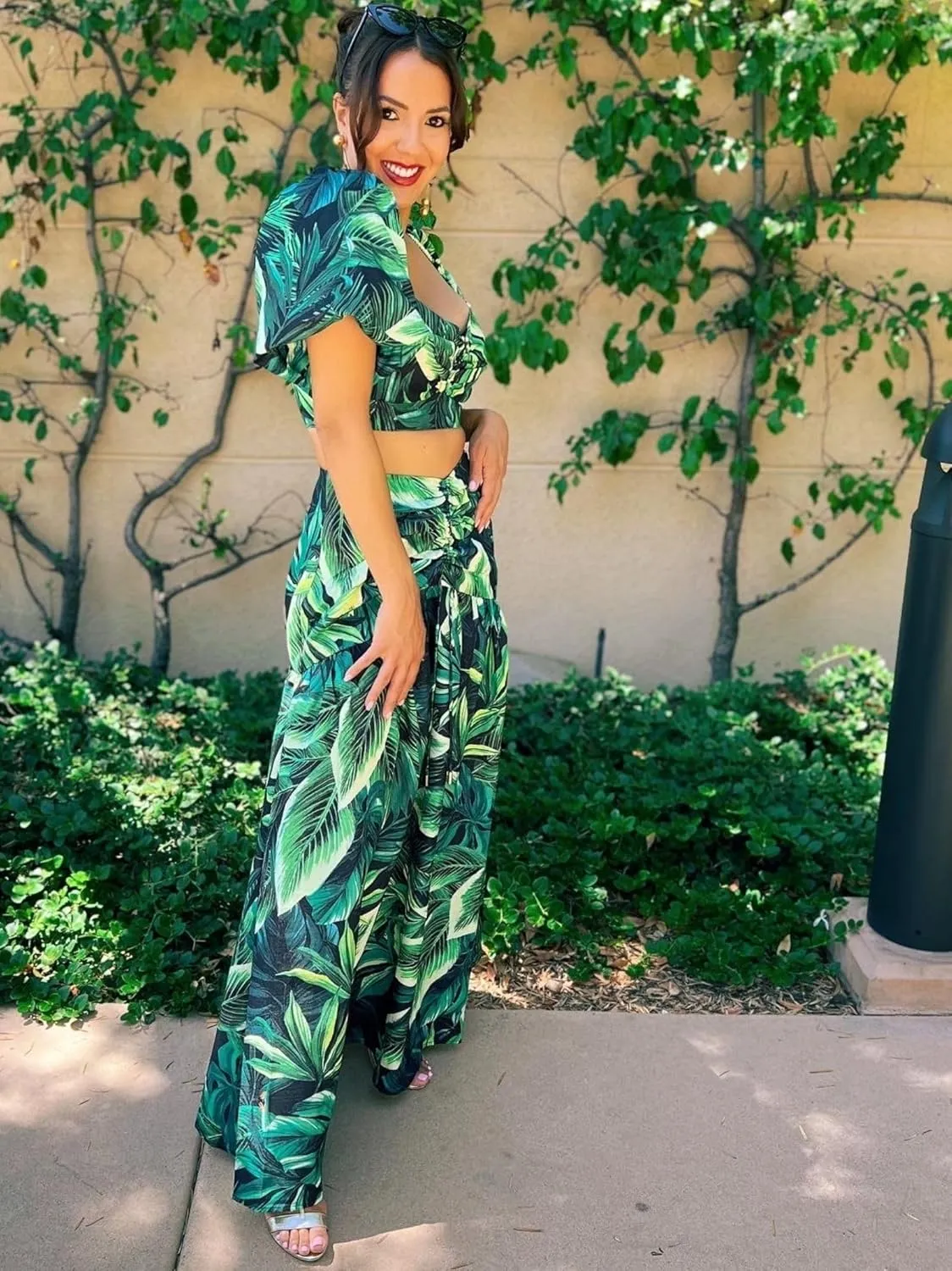 BRANCHE BY E&D Women's Summer 2 Piece Outfits Floral Print Crop Puff Sleeve Tops Maxi Skirt Sets Long Dress