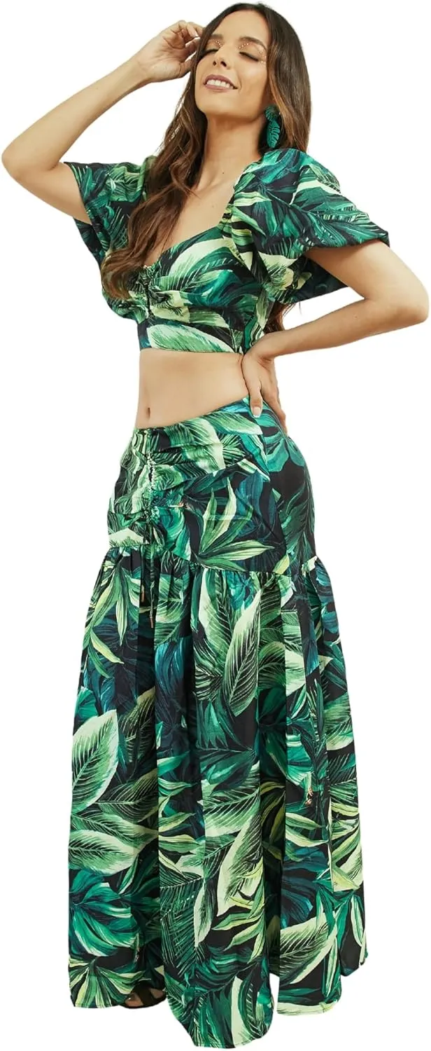 BRANCHE BY E&D Women's Summer 2 Piece Outfits Floral Print Crop Puff Sleeve Tops Maxi Skirt Sets Long Dress