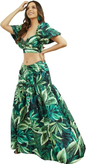 BRANCHE BY E&D Women's Summer 2 Piece Outfits Floral Print Crop Puff Sleeve Tops Maxi Skirt Sets Long Dress