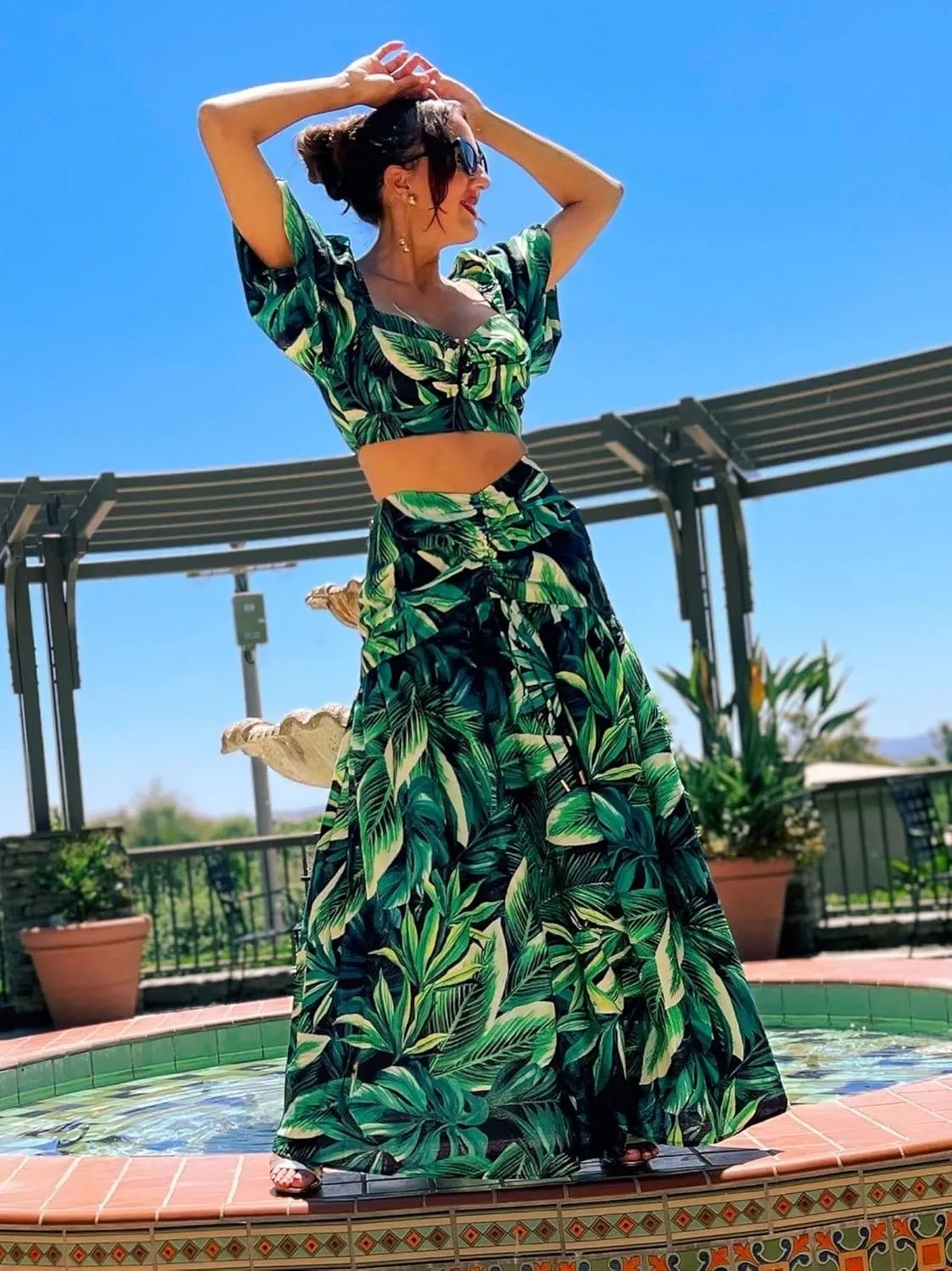 BRANCHE BY E&D Women's Summer 2 Piece Outfits Floral Print Crop Puff Sleeve Tops Maxi Skirt Sets Long Dress