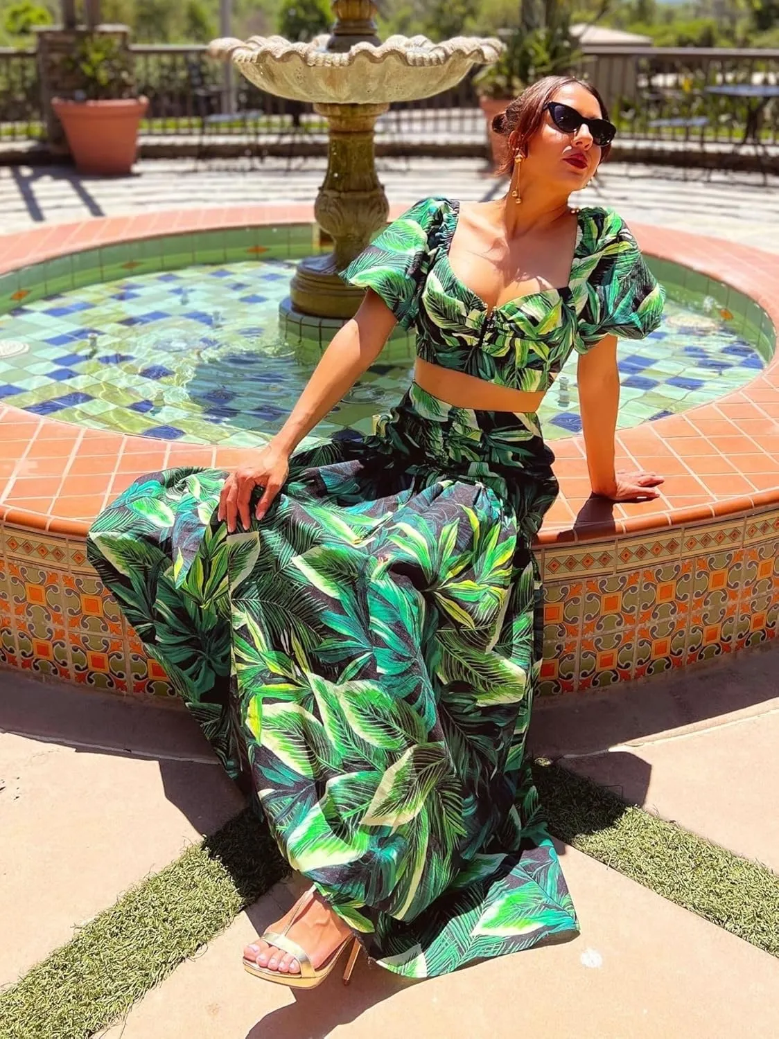 BRANCHE BY E&D Women's Summer 2 Piece Outfits Floral Print Crop Puff Sleeve Tops Maxi Skirt Sets Long Dress