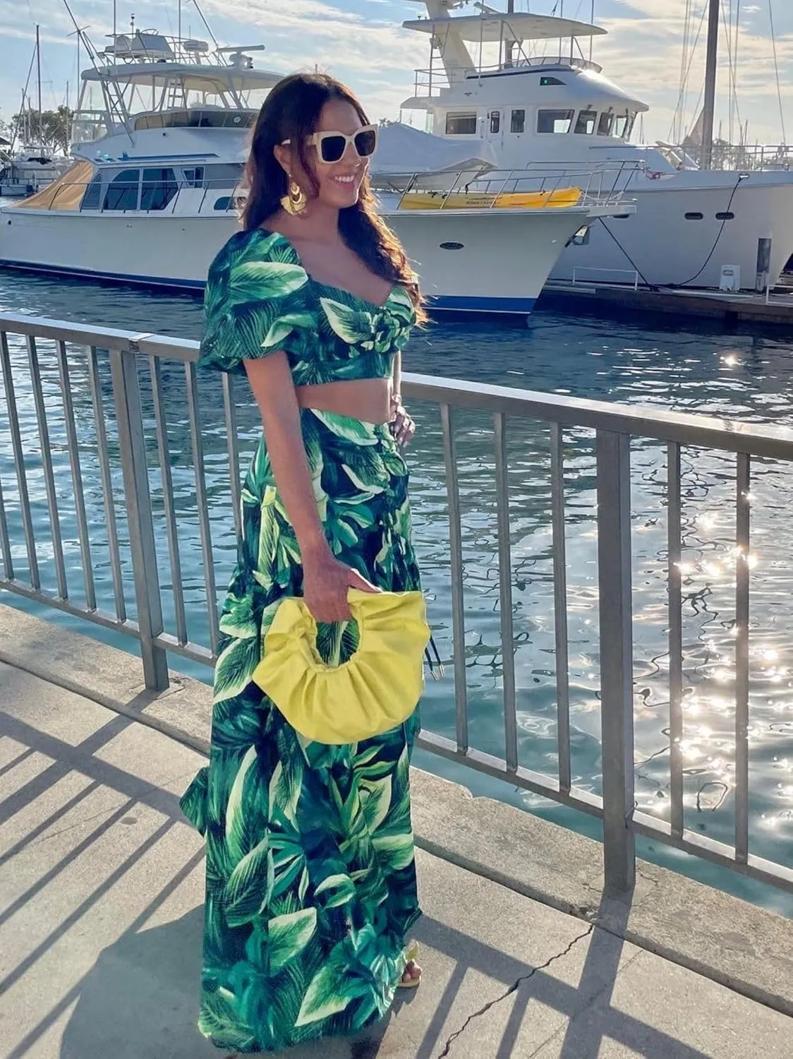 BRANCHE BY E&D Women's Summer 2 Piece Outfits Floral Print Crop Puff Sleeve Tops Maxi Skirt Sets Long Dress