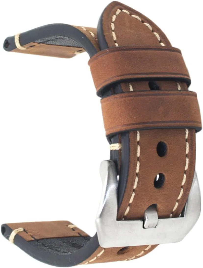 Brown 24mm Genuine Leather Wristwatch Watch Band Oil Tan Vintage Watchband for Men with Stainless Buckle
