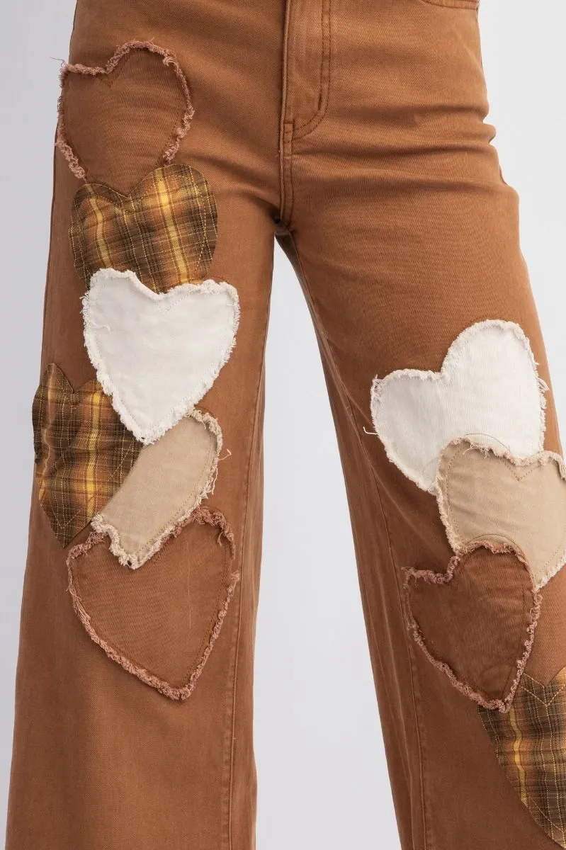 Brown Heart Patch Stretch Twill Pants
