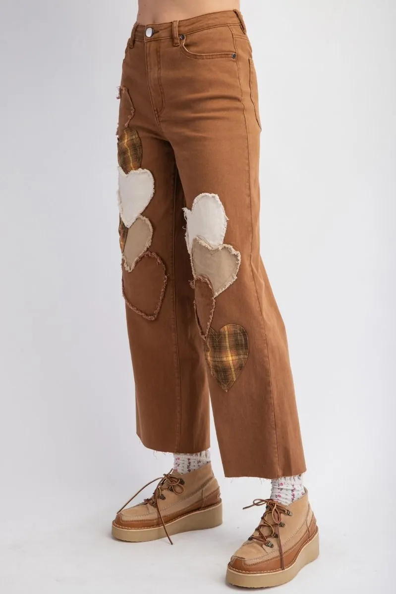 Brown Heart Patch Stretch Twill Pants