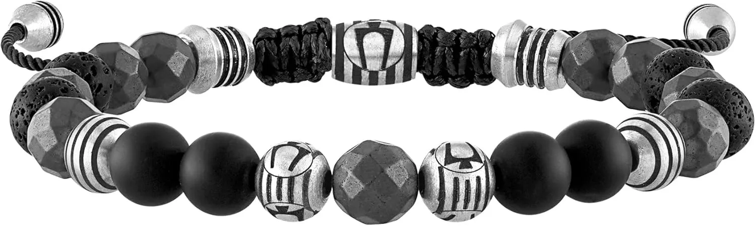 Bulova Men's Jewelry Classic Semi-Precious Beaded Bolo Bracelet, Stainless Steel, Matte Black Onyx, Sliding Clasp, 8MM Beads