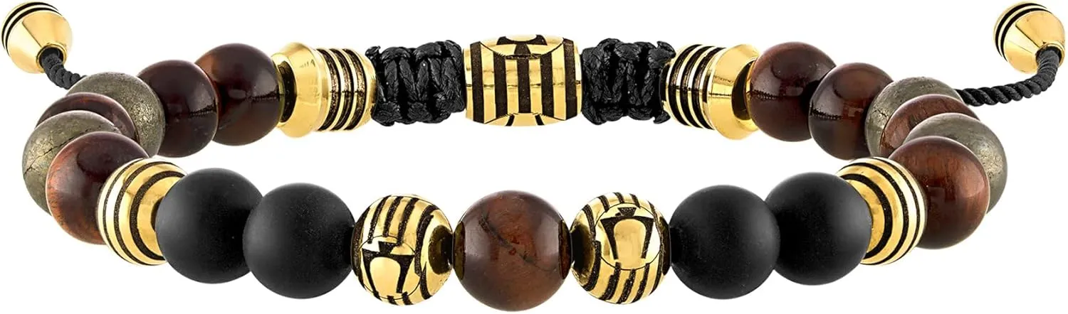 Bulova Men's Jewelry Classic Semi-Precious Beaded Bolo Bracelet, Stainless Steel, Matte Black Onyx, Sliding Clasp, 8MM Beads