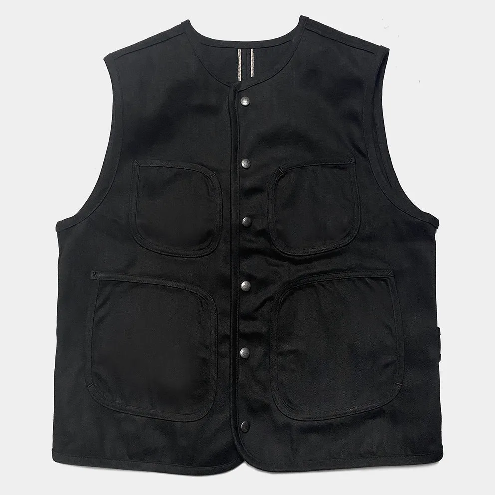 BZEN M.3203 SILAS-BB REGULAR FIT ROUND NECK BLACK OVER BLACK SLEVEDGE VEST-13.8OZ-RAW
