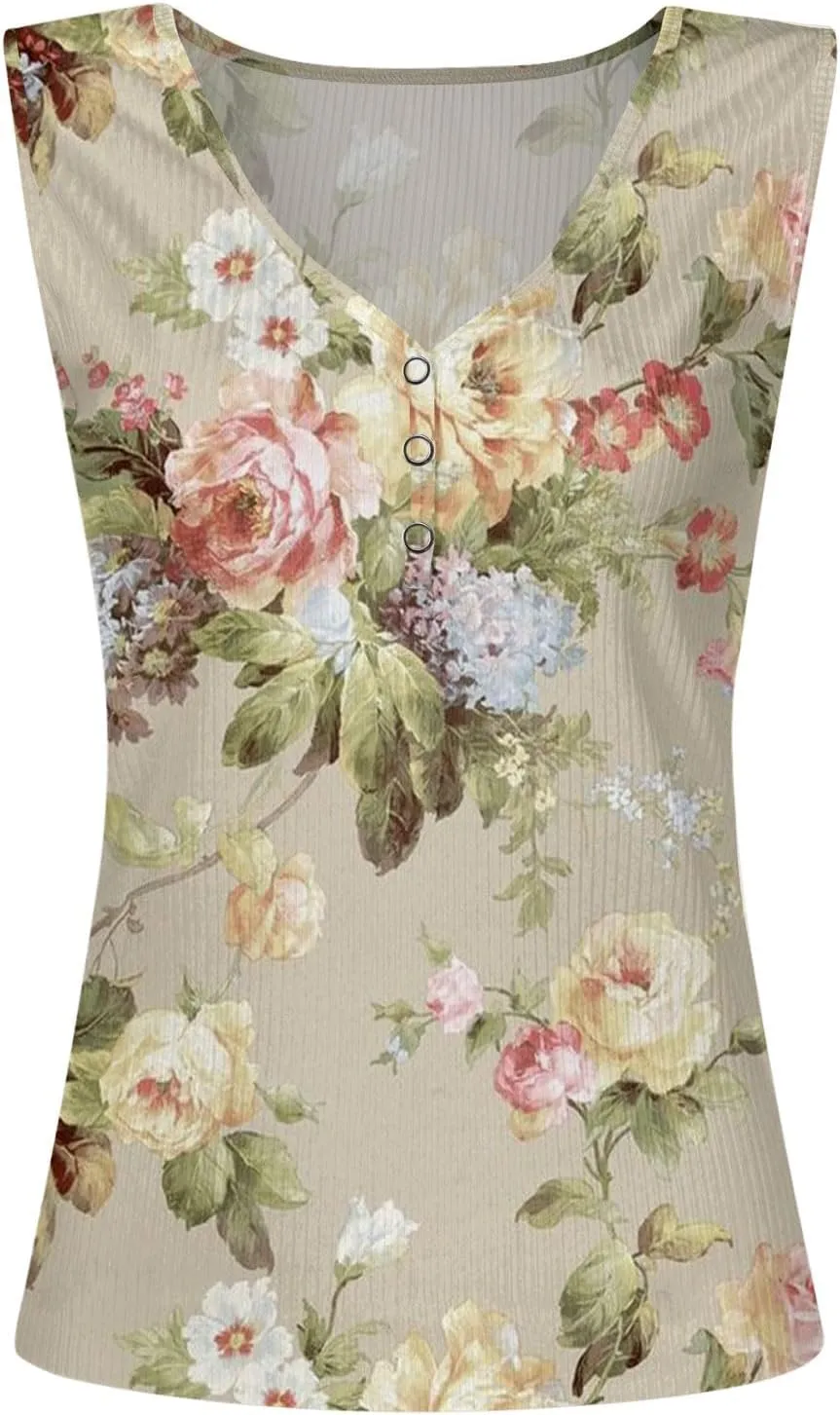 Camisole Women's V Neck Tank Tops Summer Sleeveless Ribbed Button Casual Henley Shirts Fashion Printing T Shirts