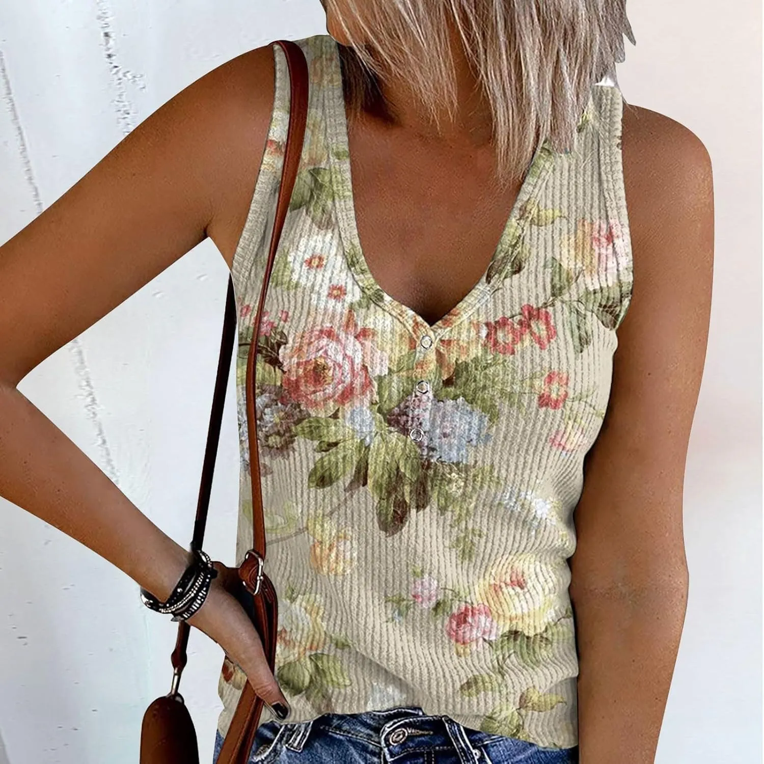 Camisole Women's V Neck Tank Tops Summer Sleeveless Ribbed Button Casual Henley Shirts Fashion Printing T Shirts