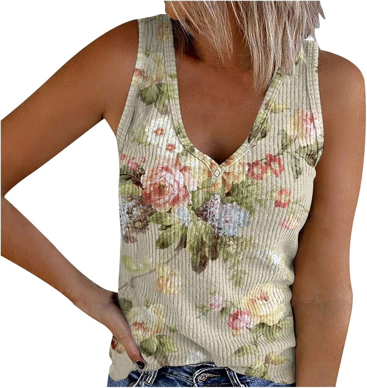 Camisole Women's V Neck Tank Tops Summer Sleeveless Ribbed Button Casual Henley Shirts Fashion Printing T Shirts