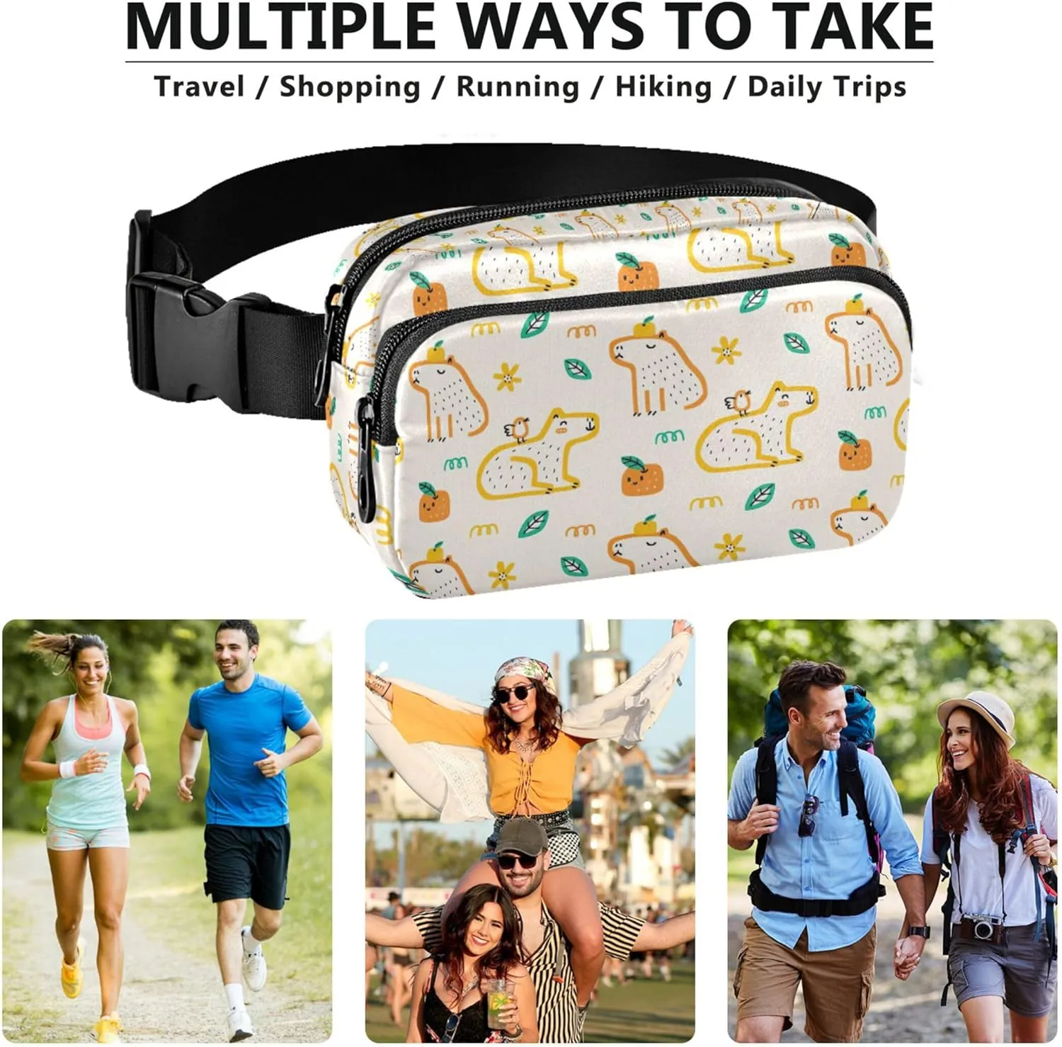 Capybara Cartoon Animals Fanny Packs for Women Hiking Belt Bags Hip Pack Waterproof Crossbody Waist Pack