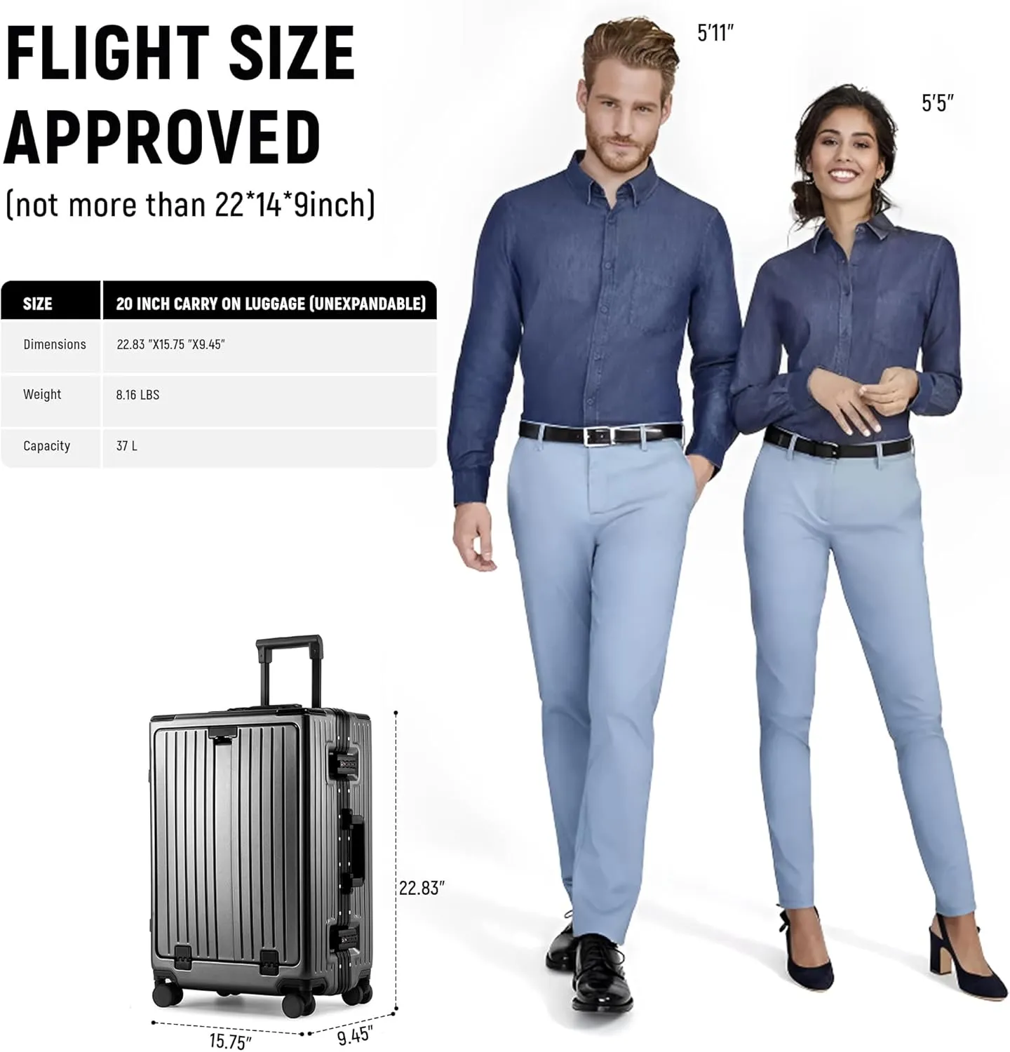 Carry On Luggage 22x14x9 Airline Approved, Zipperless Luggage Carry On with Compartment 20" Hard Shell Suitcases, ABS Aluminum Carry On Suitcases with Spinner Wheels, TSA Lock 37L