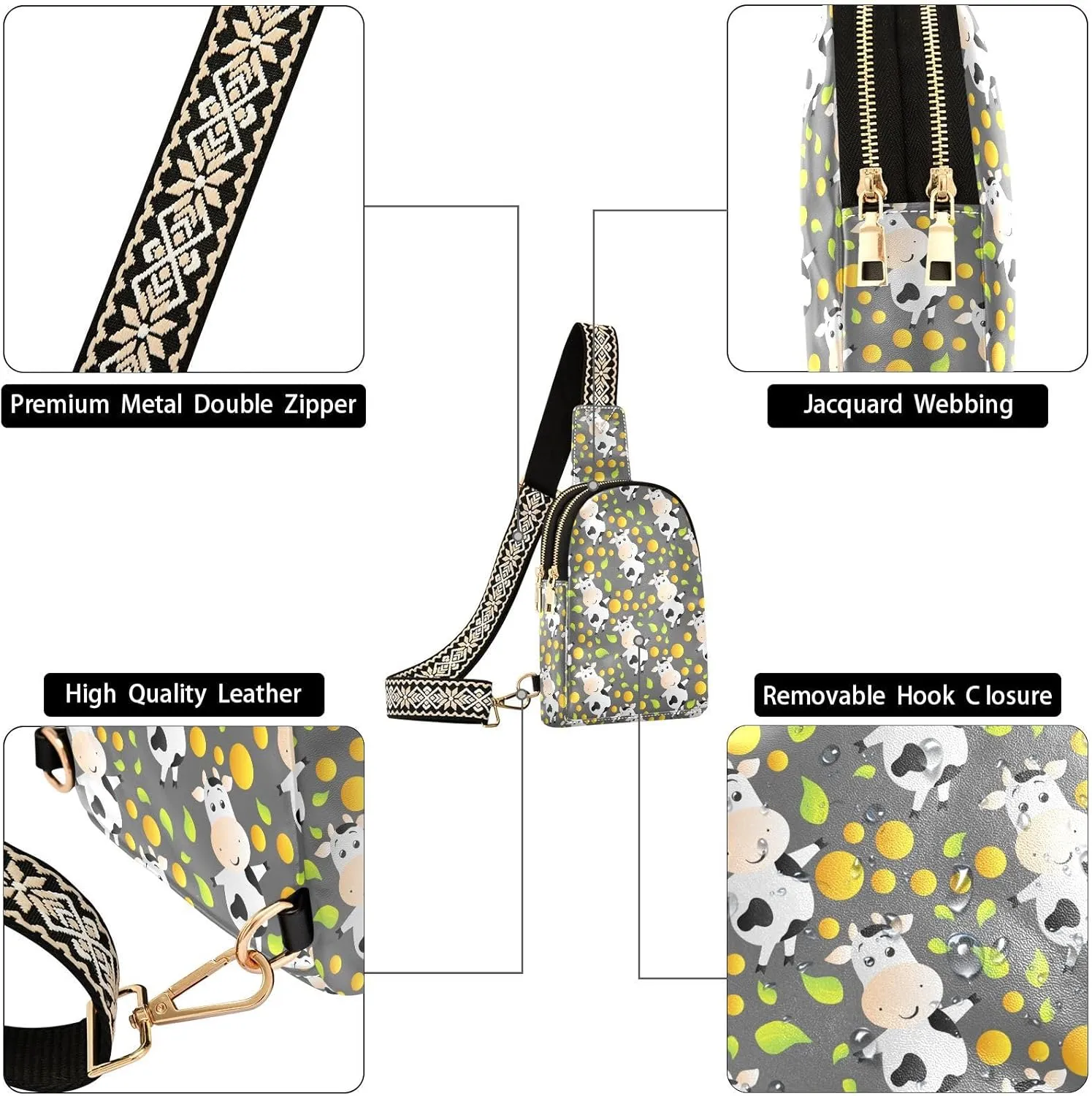 Cartoon Cute Toy Cow Trendy Crossbody Bag Fashion Waist Packs Yellow Dot Cross Body Leather Chest Bag for Women Fanny Pack Travel Outdoor Crossbody Sling Bag
