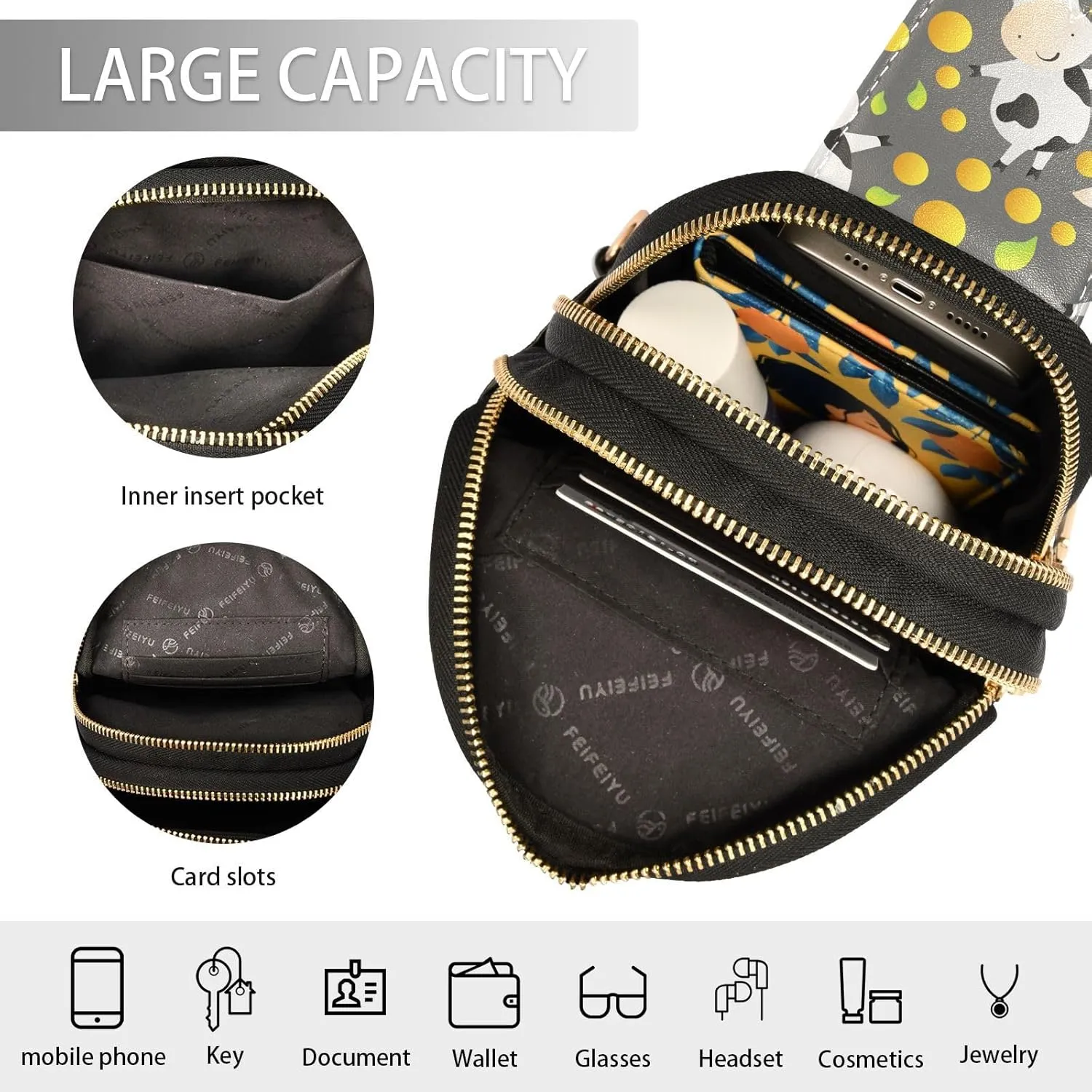 Cartoon Cute Toy Cow Trendy Crossbody Bag Fashion Waist Packs Yellow Dot Cross Body Leather Chest Bag for Women Fanny Pack Travel Outdoor Crossbody Sling Bag
