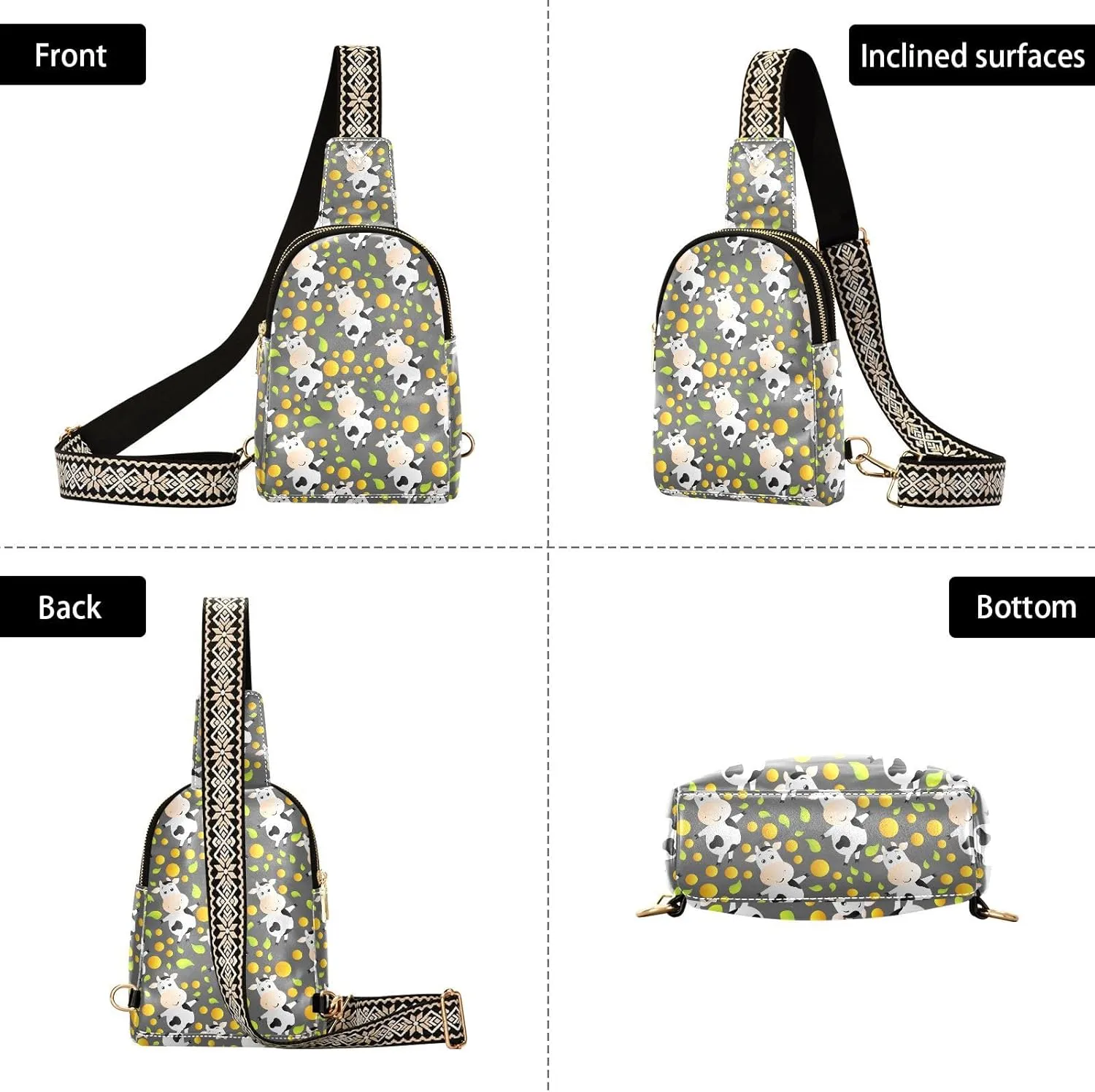 Cartoon Cute Toy Cow Trendy Crossbody Bag Fashion Waist Packs Yellow Dot Cross Body Leather Chest Bag for Women Fanny Pack Travel Outdoor Crossbody Sling Bag