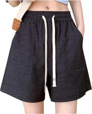 Casual Linen Shorts for Women High Elastic Waisted Shorts Summer Pull On Drawstring Short Beach Loose Fit Shorts